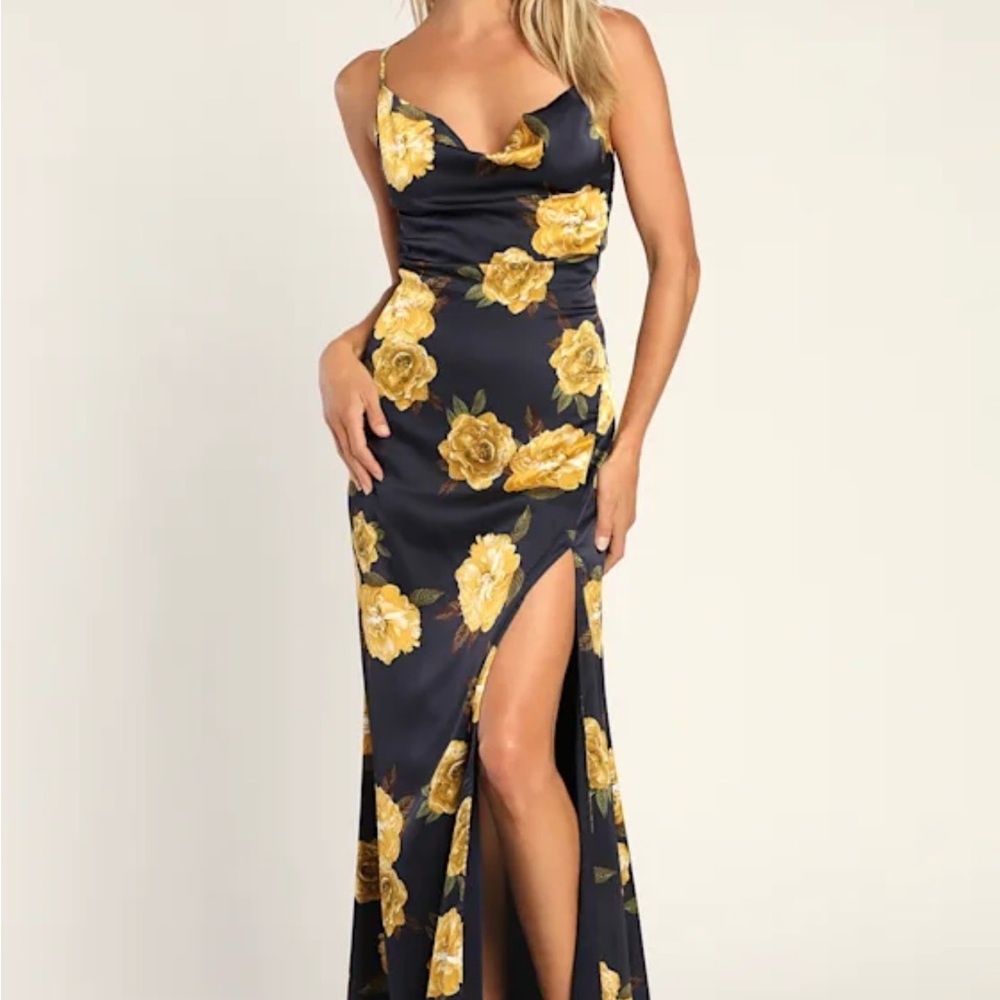 Navy Blue Floral Print Backless Cowl Maxi Dress
